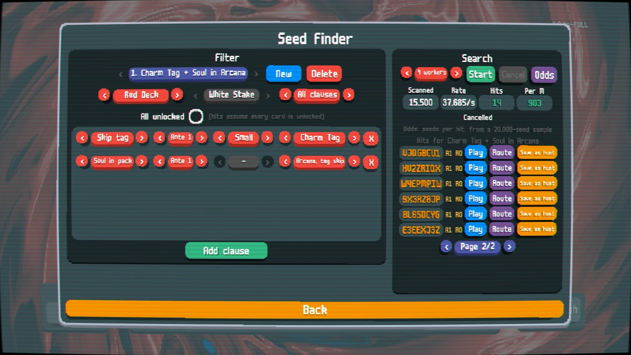 The Seed Finder: a two-clause filter (Charm Tag on the Small Blind, the Soul in its Arcana pack) and a page of hits, each with Play, Route and Save as hunt