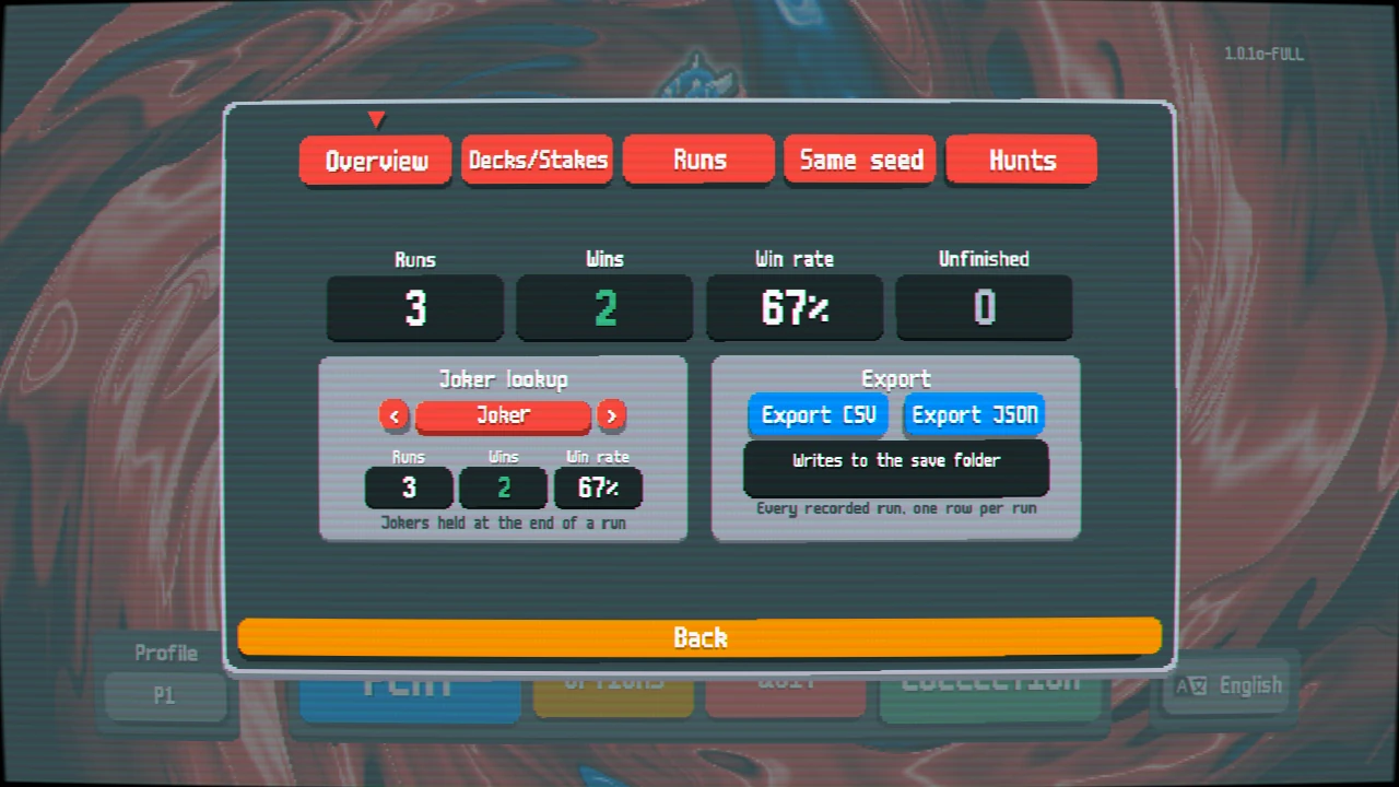 The Run Journal overview: runs, wins, win rate, a per-joker lookup, and CSV/JSON export