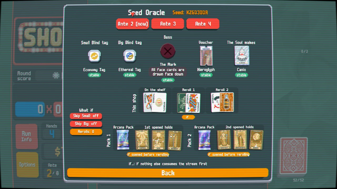 The Seed Oracle open in a shop: this ante's skip tags, boss, voucher and Soul legendary, the shop on the shelf and after each reroll, and what each Arcana pack holds