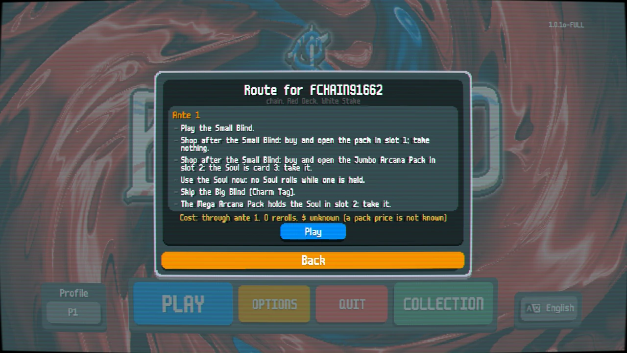 The route for one hit: which blind to play or skip, which pack to buy and open, which card is the Soul, and when to use it