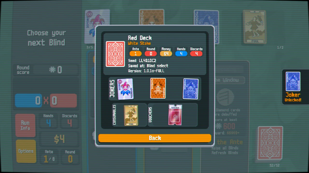 A save slot's preview: deck, stake, ante, money, hands and discards, the seed, and the jokers, consumables and vouchers it holds